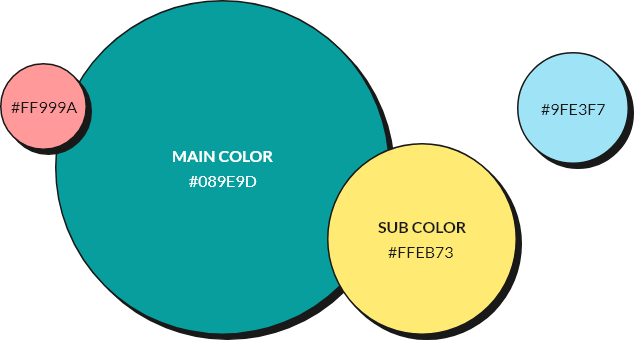 main color - #089E9D, sub color - #FFEB73, act color 1 - #9FE3F7, act color 2 - #FF999A